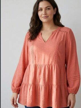 Zac & Rachel Coral Peasant Peplum Tunic PTP 23’ L 27’